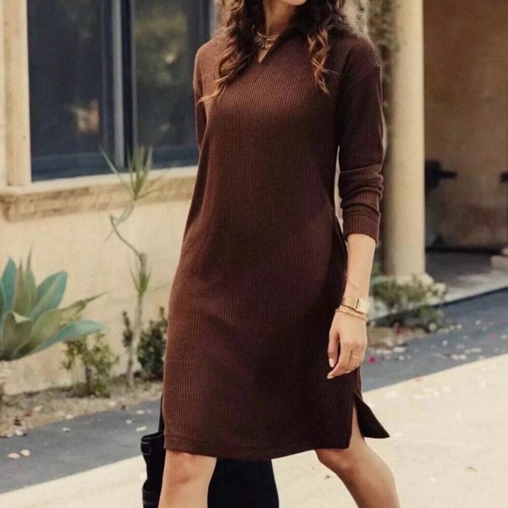 Mondetta Women’s Ribbed Sweater Dress Brown Collared Long Sleeve Brown XXL